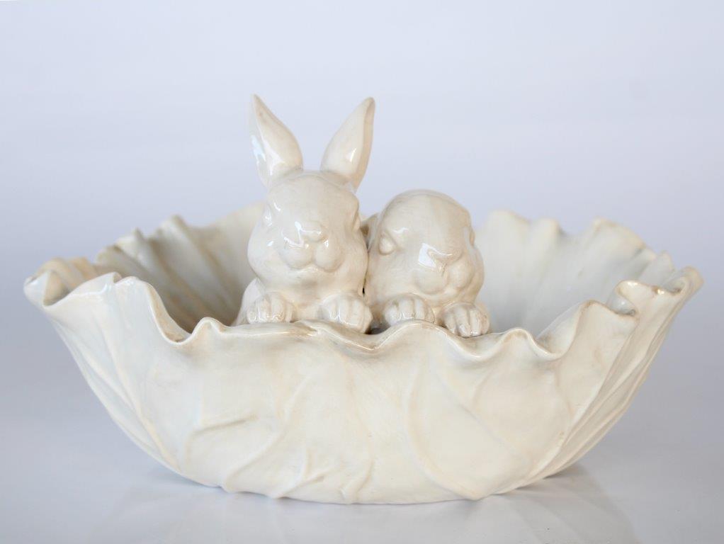 Off White Cabbage Bowl With 2 Rabbits